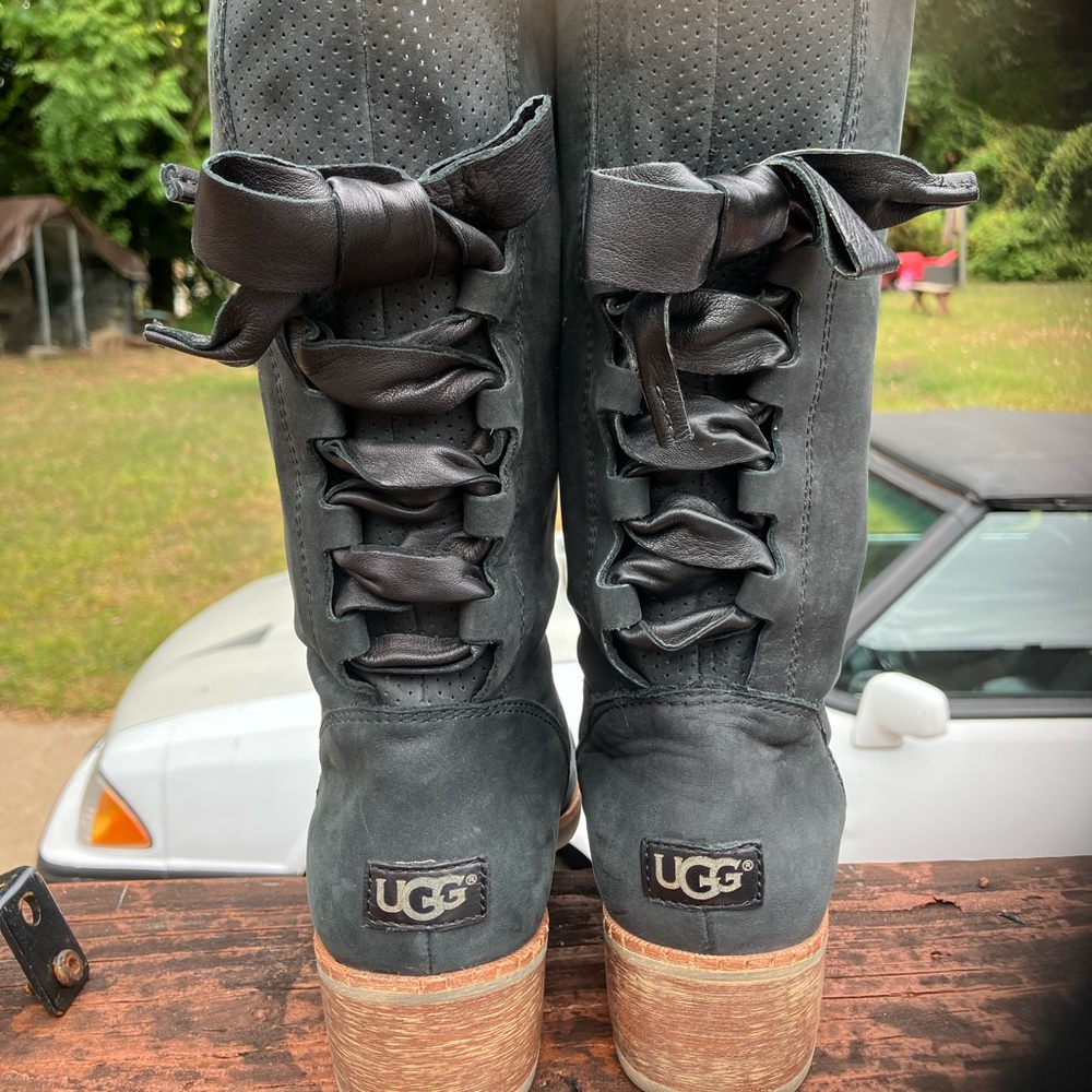 Uggs black leather boots with bows